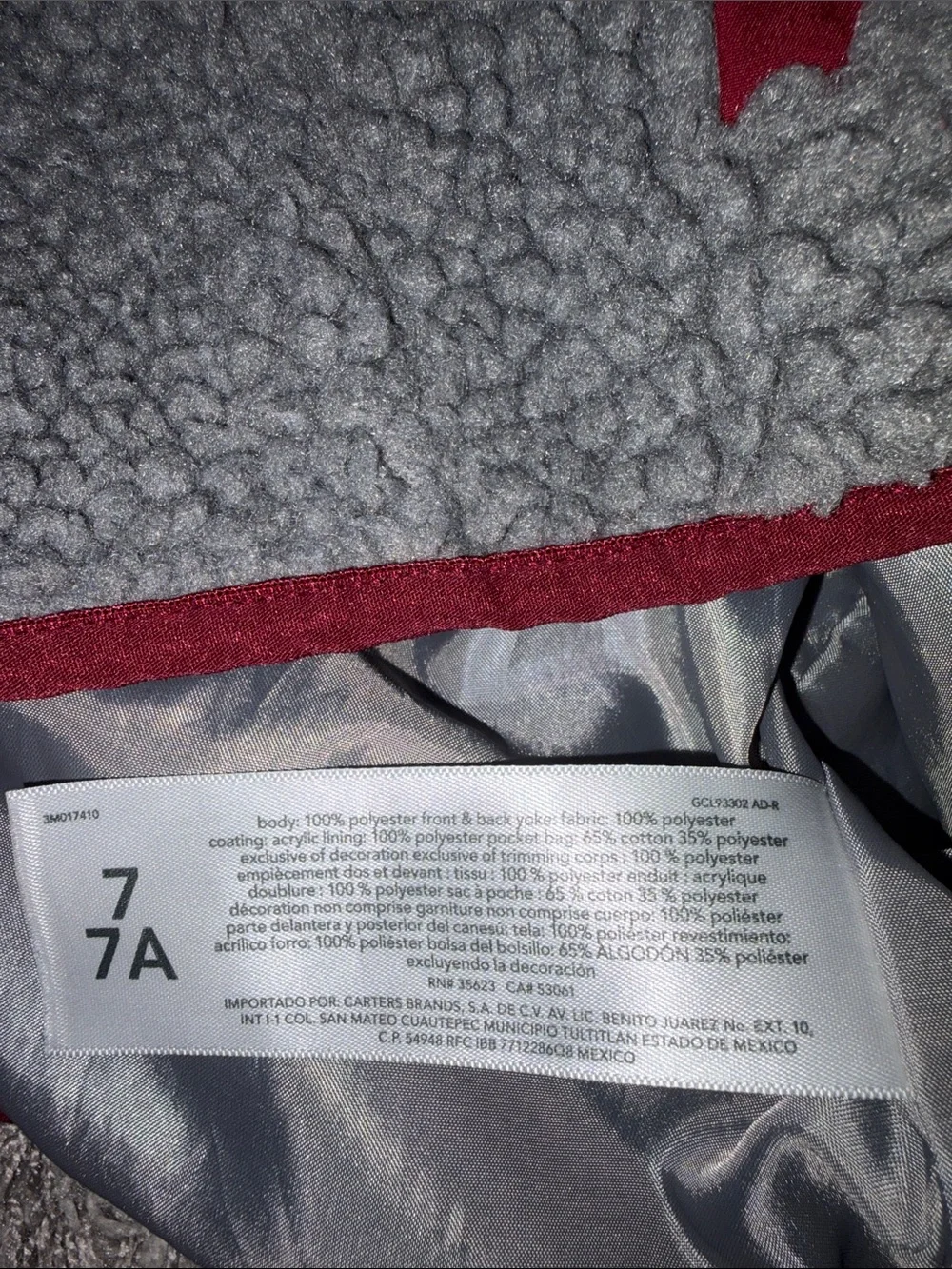 Carter's Gray Sherpa Vest with Dark Red Accents